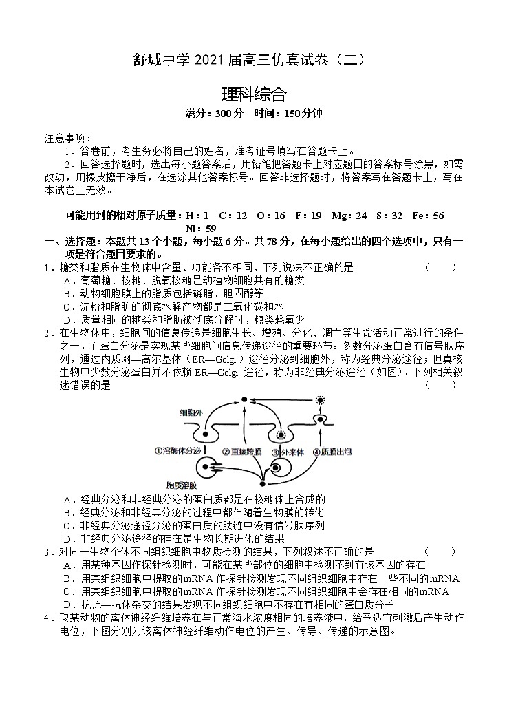 安徽省六安市舒城中学2021届高三下学期5月仿真试卷（二）理科综合（含答案）01