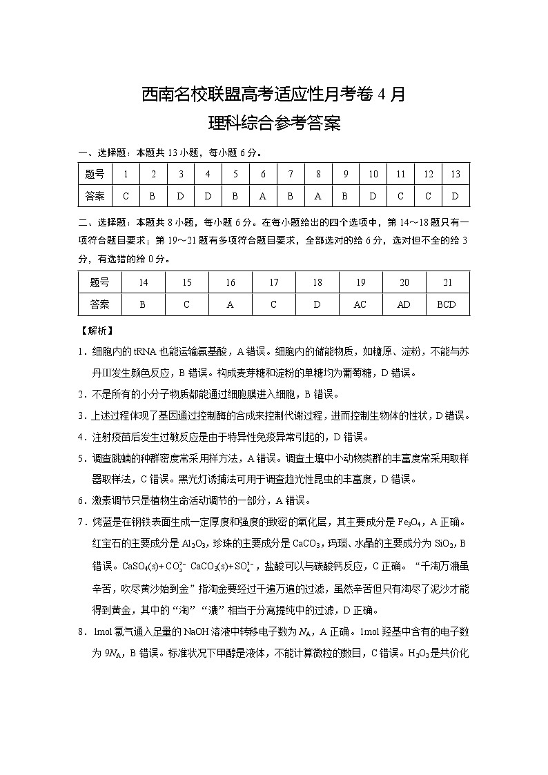 西南名校联盟高考适应性月考卷4月理综-答案第1页