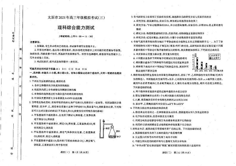 太原市2021年高三年级模拟考试（三）理科综合能力测试01