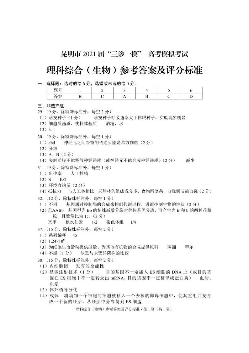 2021年云南省昆明市高三5月三诊一模：理综卷+答案01