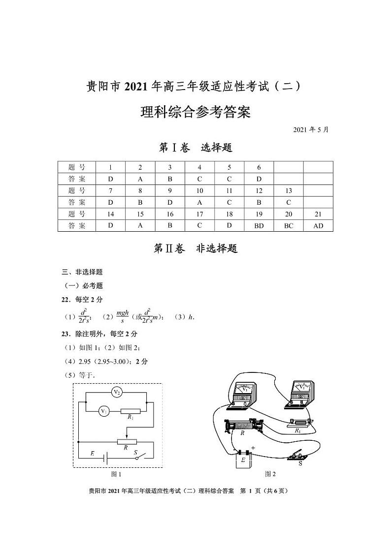 2021年贵阳市高三适应性考试理综试卷01