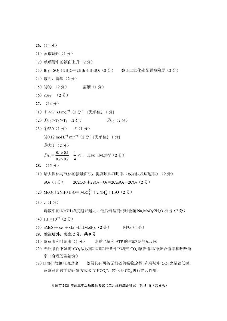 2021年贵阳市高三适应性考试理综试卷03