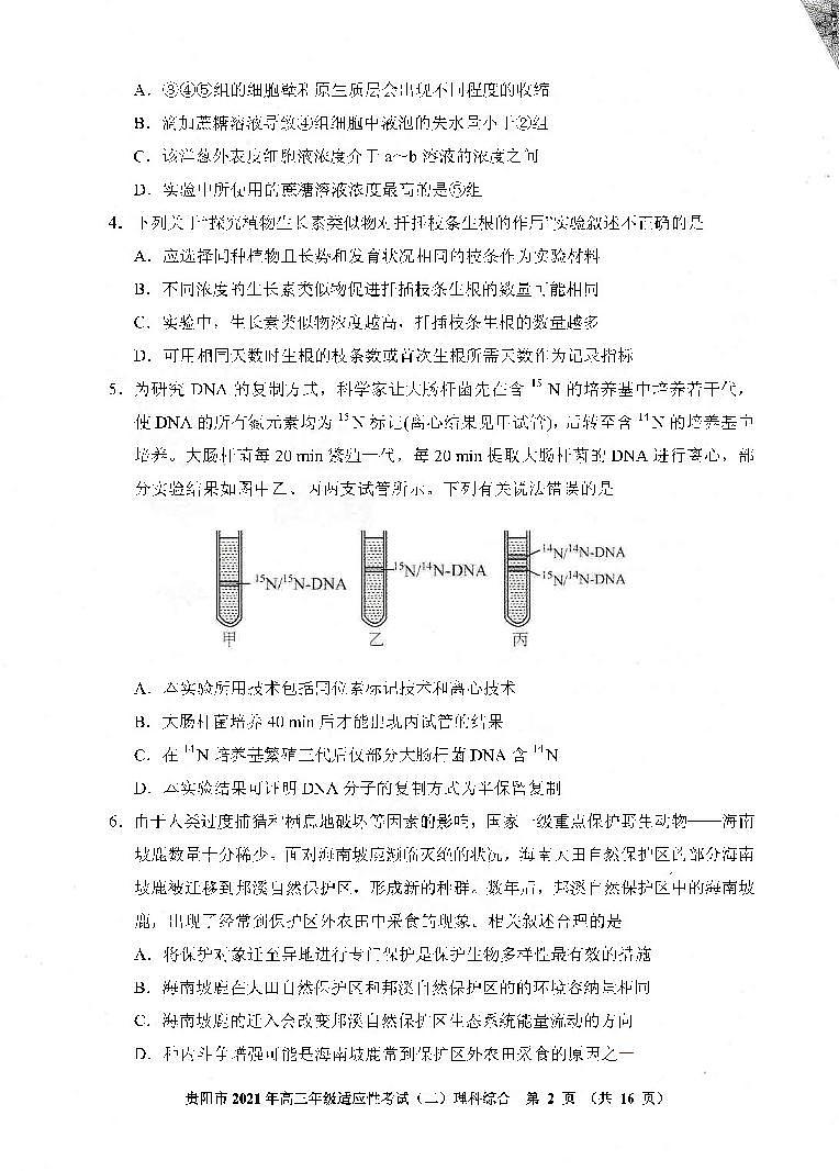 2021年贵阳市高三适应性考试理综试卷02