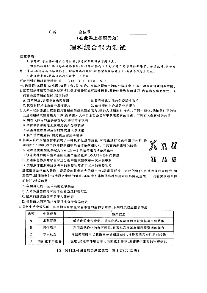 安徽省皖江名校2021届高三下学期最后一卷（5月）理综试题+答案(扫描版)01