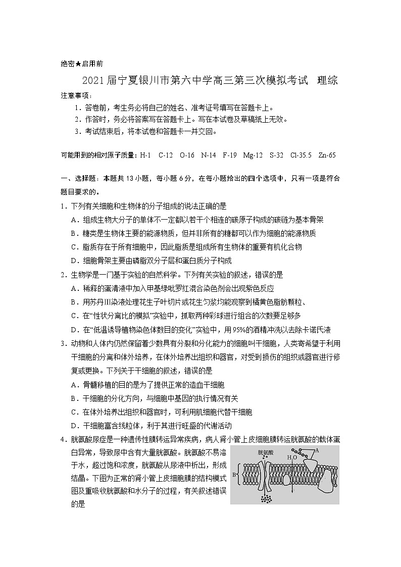 2021届宁夏银川市第六中学高三第三次模拟考试 理综01