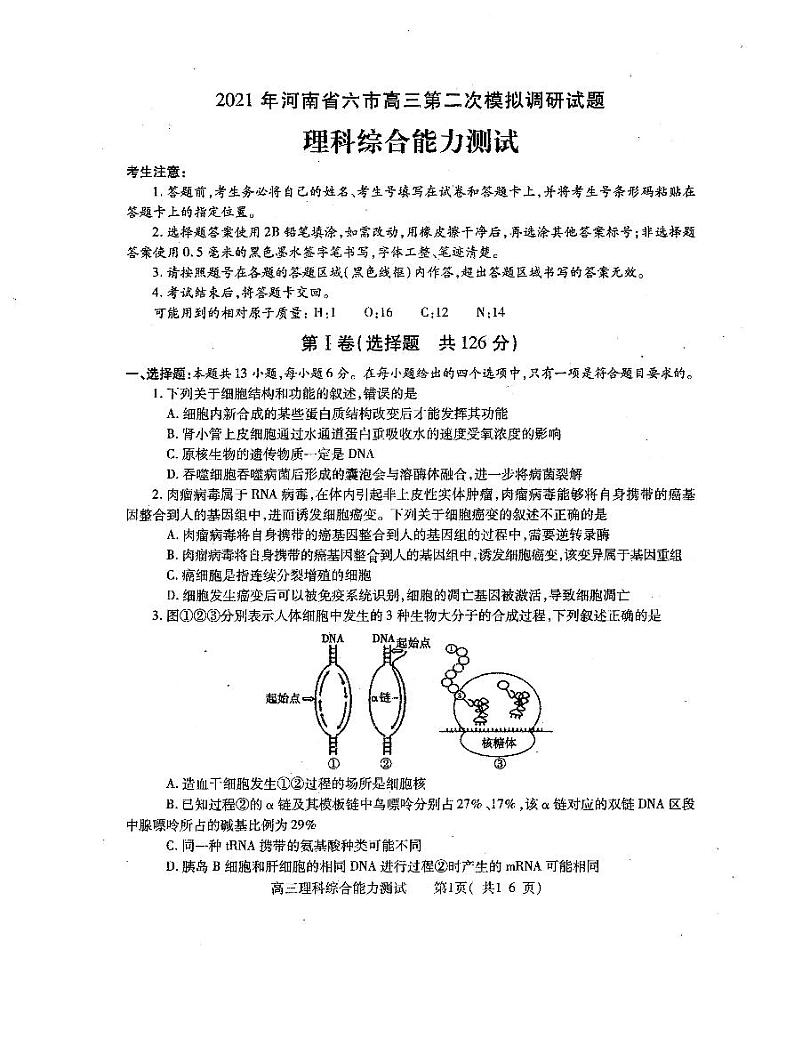 2021届河南省六市高三下学期4月第二次联合调研检测试题 理科综合01