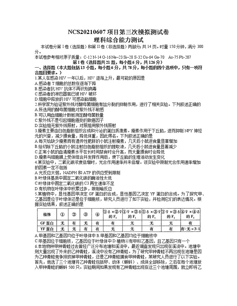 江西省南昌市2021届高三5月第三次模拟测试理科综合试题（word无答案）第1页