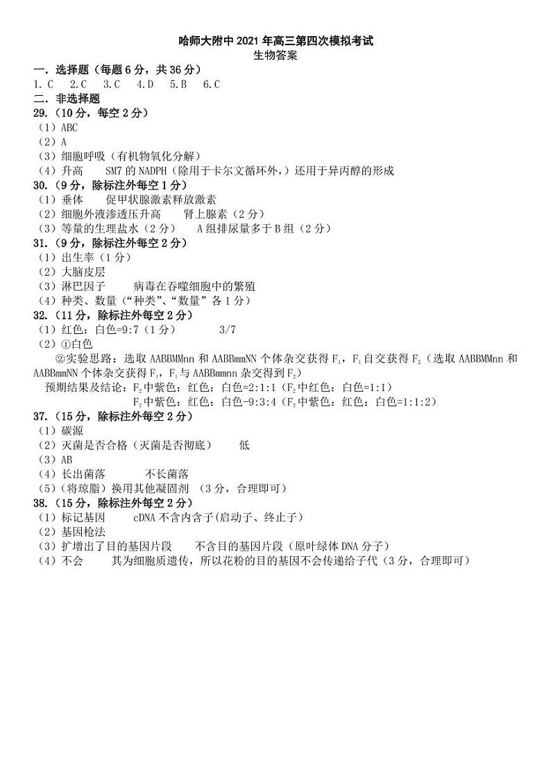 2021届东北三省三校哈尔滨市师范大学附属中学高三下学期第四次模拟考试 理综 PDF版01
