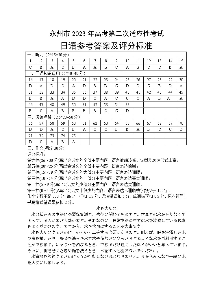 永州市2023年高考第二次适应性考试试卷（日语）01