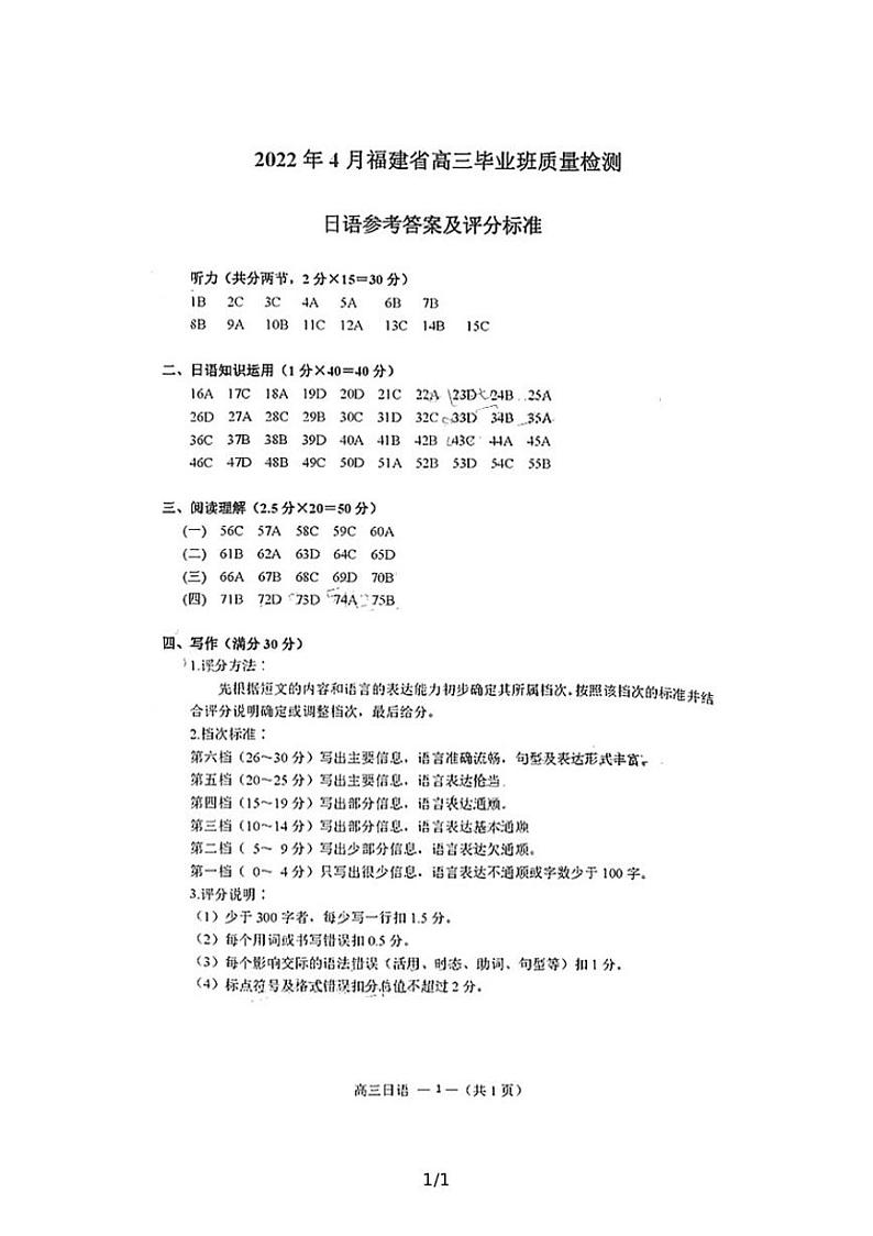 2022届福建省八地市（福州、厦门、泉州、莆田、南平、宁德、三明、龙岩）高三下学期4月诊断性联考试题 日语 PDF版（含听力）01