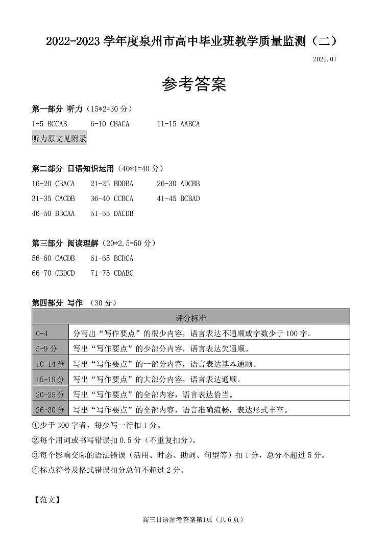 福建省泉州市2023届高中毕业班质量监测（二）日语试题及答案（含听力）01
