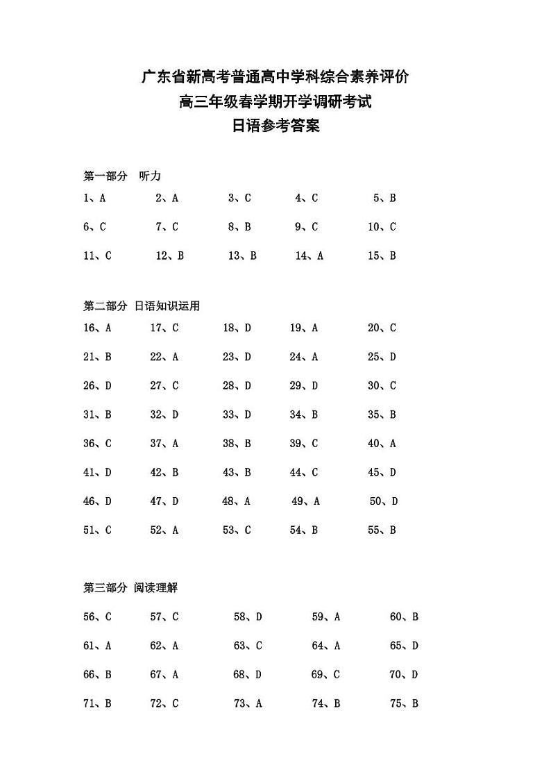 2022-2023学年广东省新高考普通高中学科综合素养评价高三下学期开学调研考试日语试题（PDF版含答案）01