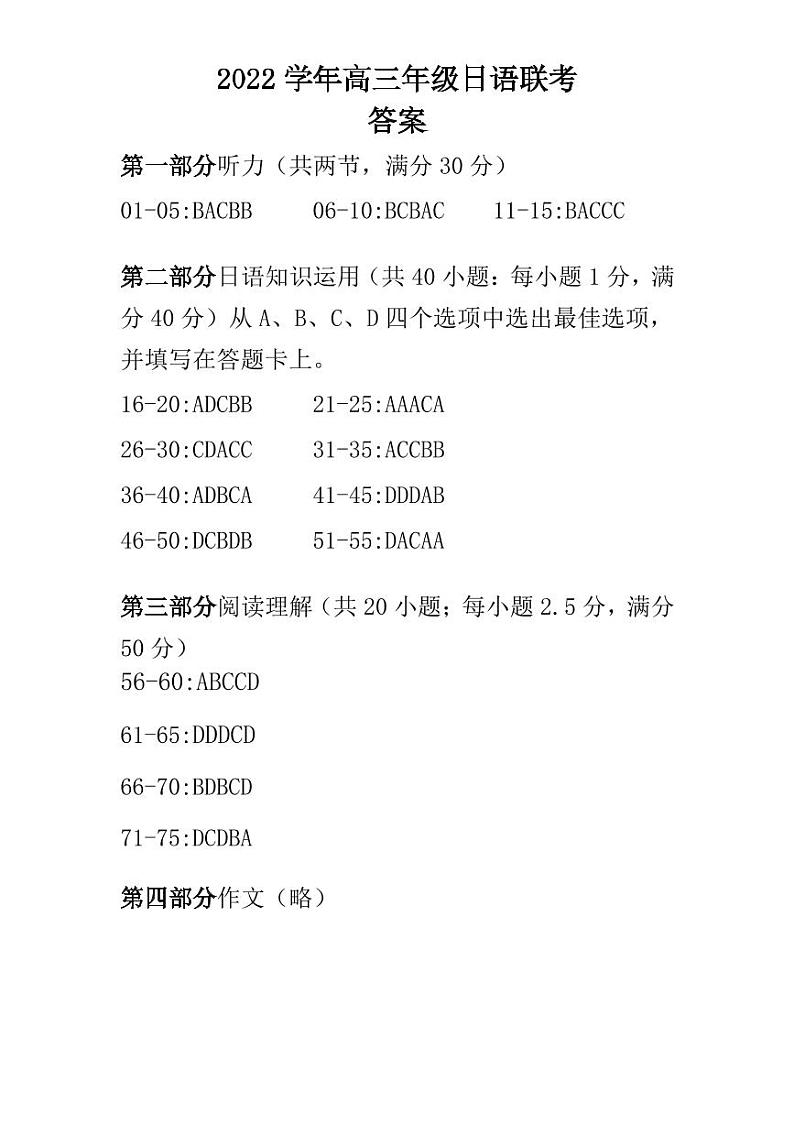 2022年高三年级日语联考参考答案第1页