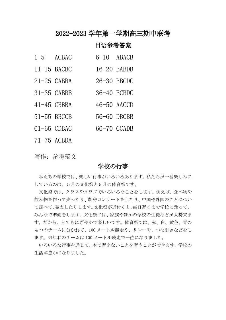 江西智慧上进·稳派联考 2022-2023学年第一学期高三期中联考日语试卷（含听力）01