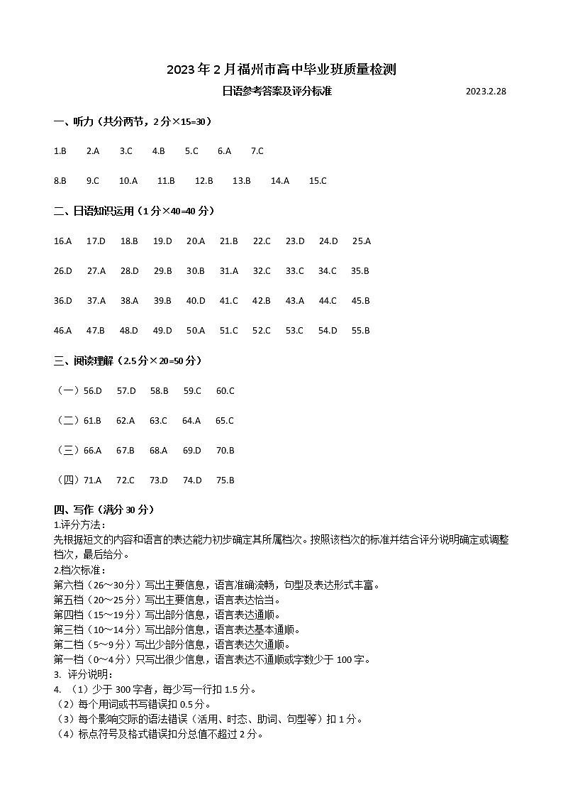 2023届福建省福州市普通高中毕业班质量检测（二模）日语答案（2023.2.28）第1页