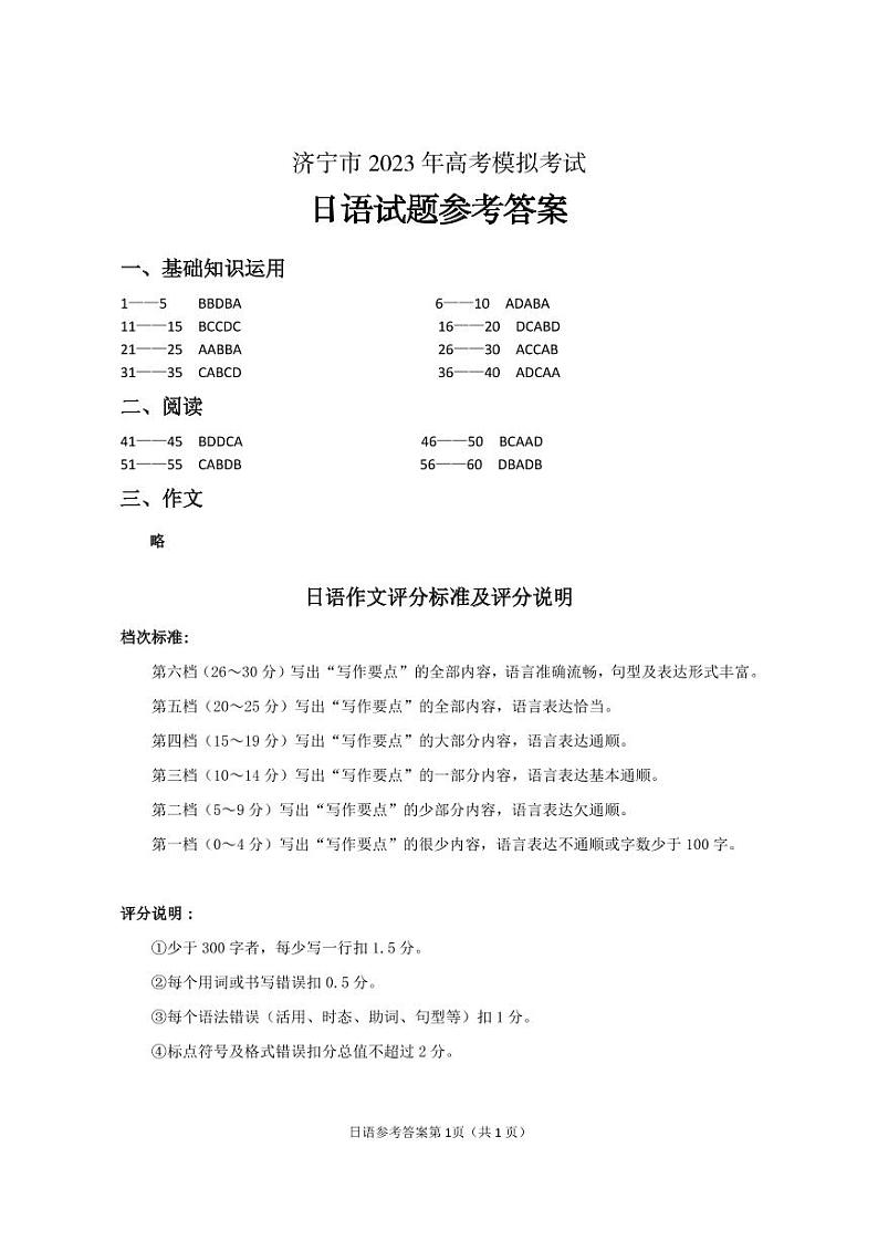 2023届山东省济宁市高三下学期高考模拟考试（一模）日语试题（PDF版）01