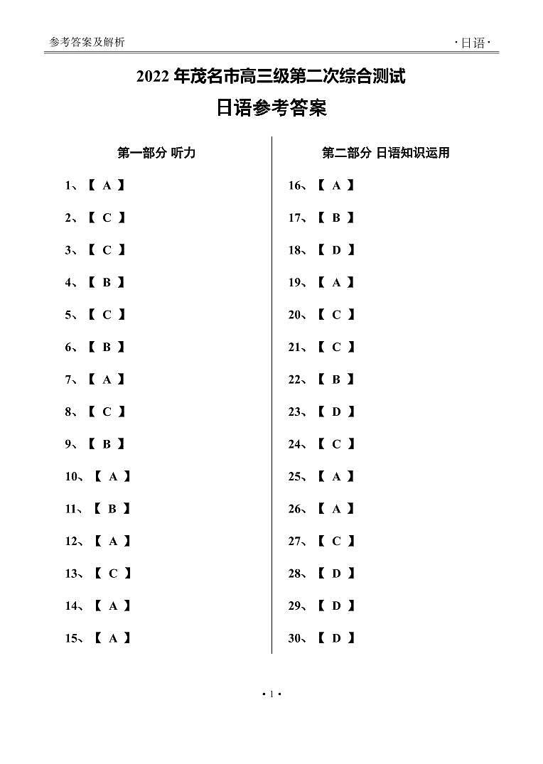 2022届广东省茂名市高三下学期第二次综合测试（二模）日语试题 PDF版含答案01