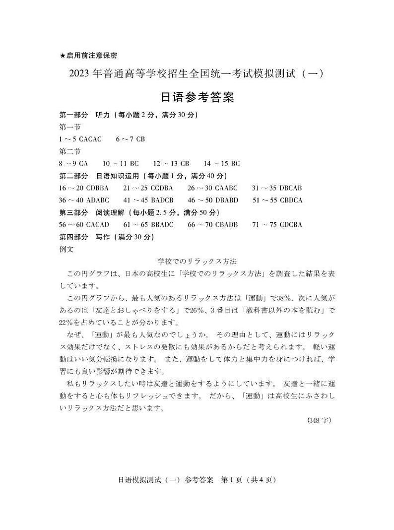 2023届高三广东省一模 日语答案第1页