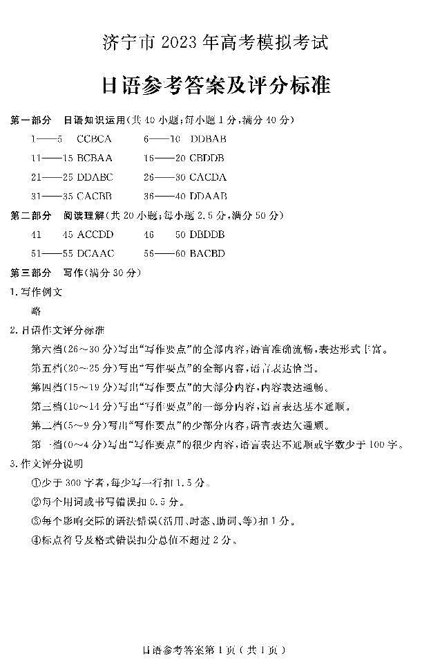 2023届山东省济宁市高三第三次模拟考试日语试题（PDF版）01