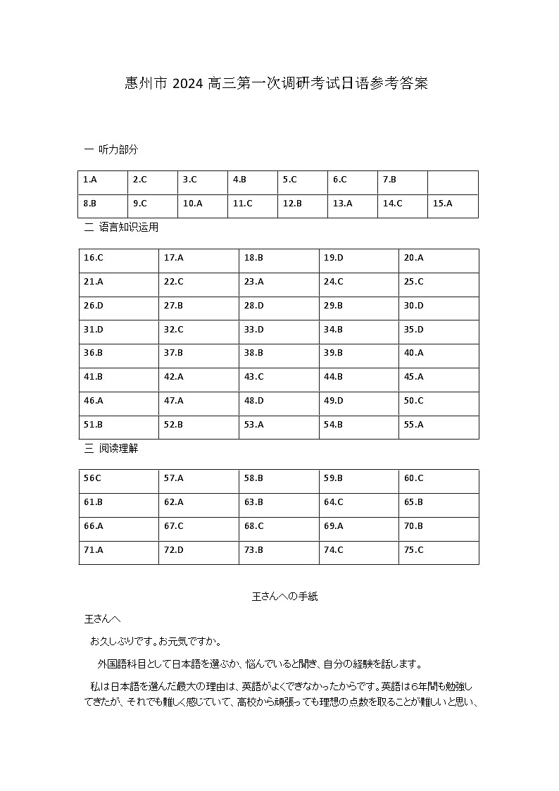 2024届广东省惠州市高三调研考试（高二下学期期末）日语试题（含答案）01