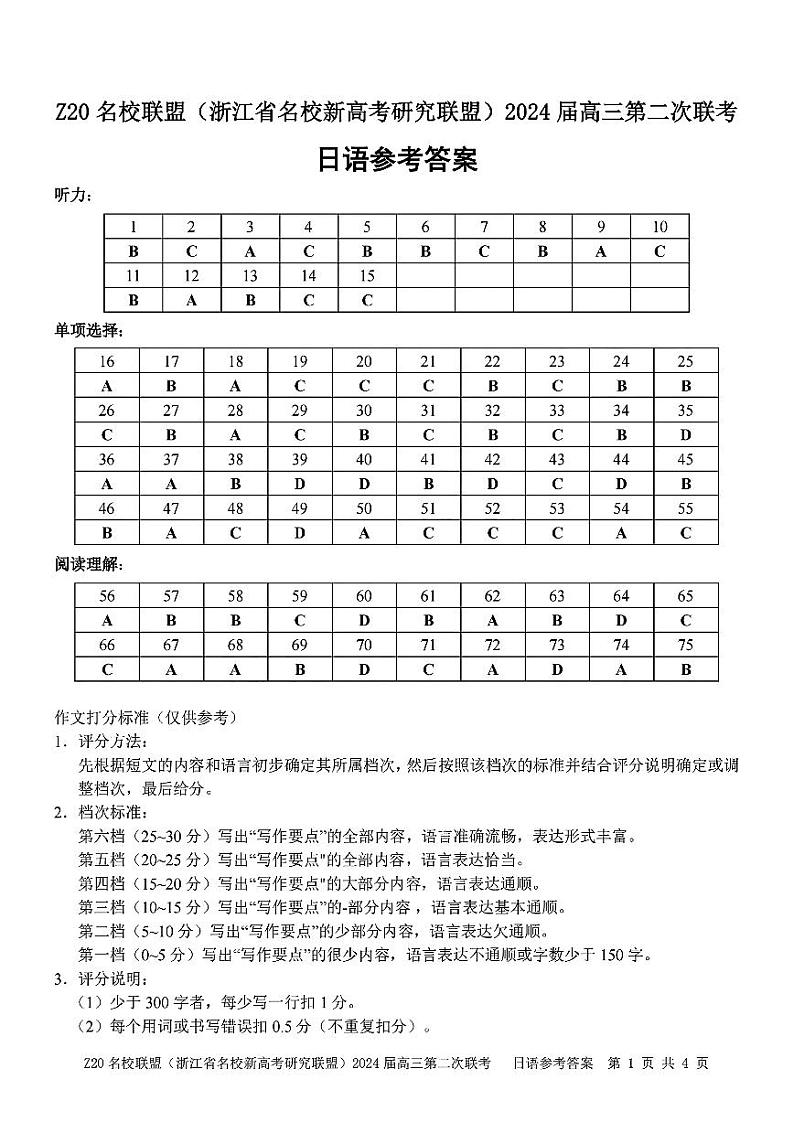 浙江省Z20名校联盟2023—2024学年高三上学期第二次联考日语试题及答案（含听力）01