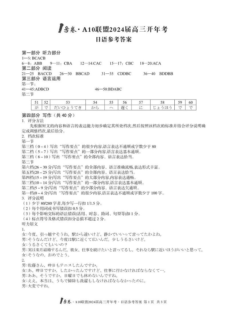 1号卷··A10联盟2024届高三开年考日语参考答案新版第1页