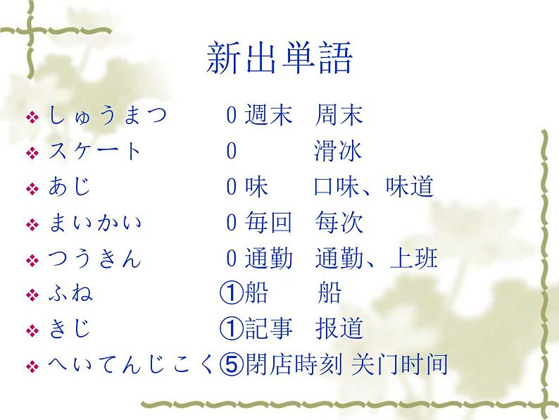 高中日语标日初级上册课件第二十三课休みの日、散歩したり買い物に行ったりします。02