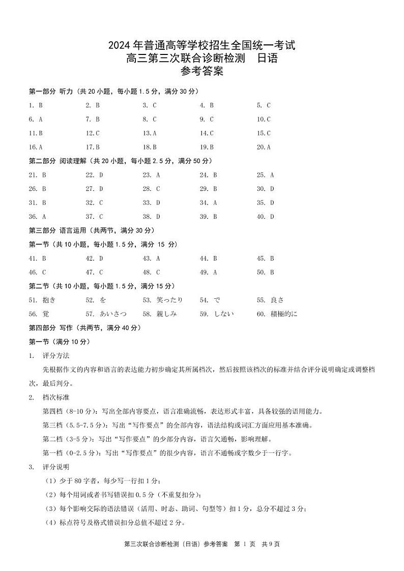 重庆康德2024年普通高等学校招生全国统一考试高三第三次联合诊断检测日语参考答案第1页
