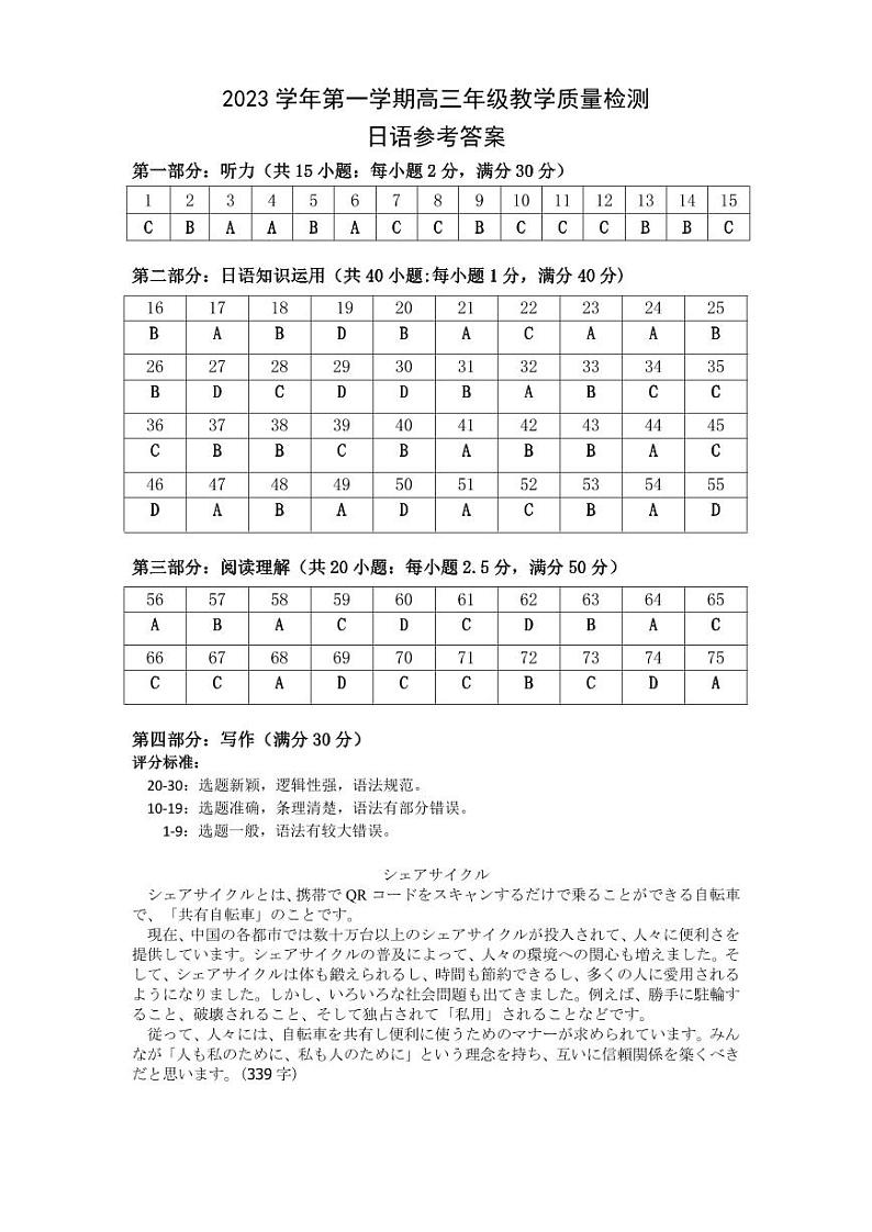 高三日语 参考答案第1页