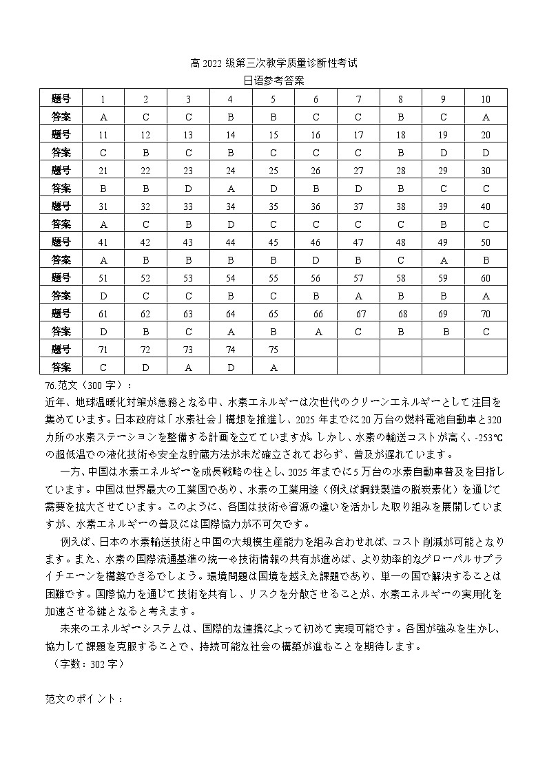 四川省泸州市高2022级第三次教学质量诊断性考试日语答案第1页