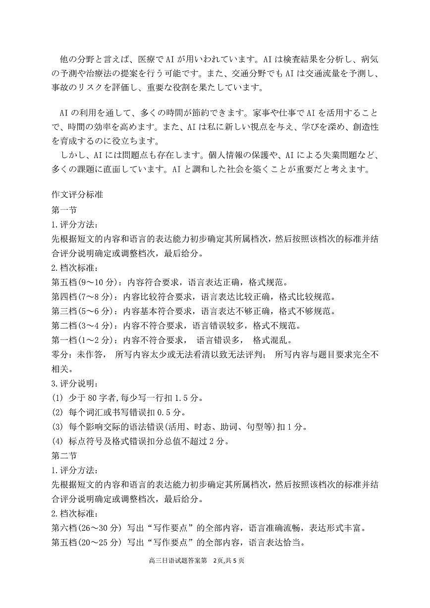 2025年3月济南市高三模拟考试日语答案第2页