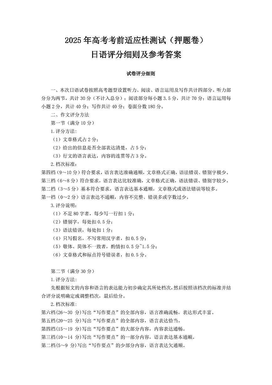 2025年高考考前适应性测试（押题卷）日语答案第1页