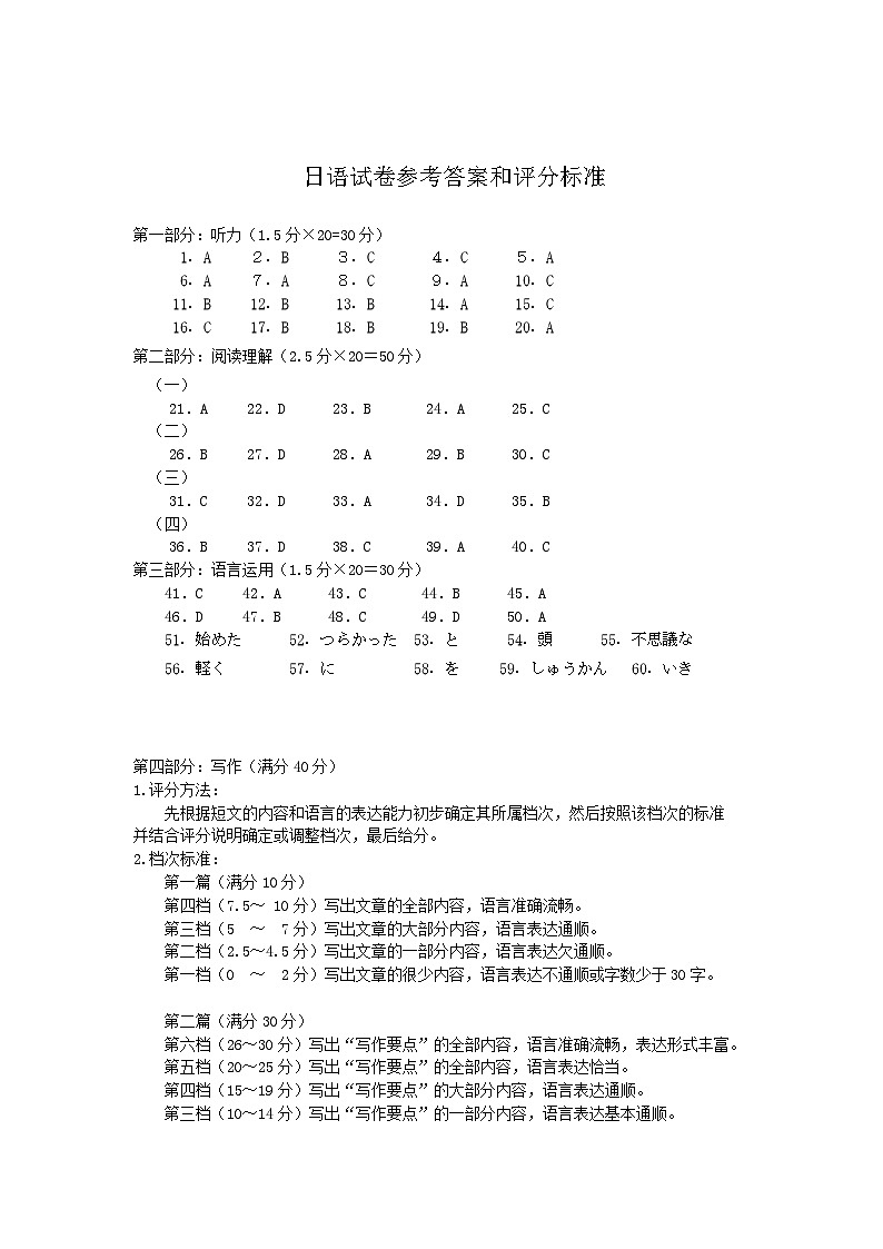湖北省襄阳市2025年7月高二期末统一调研测试 日语答案.docx第1页
