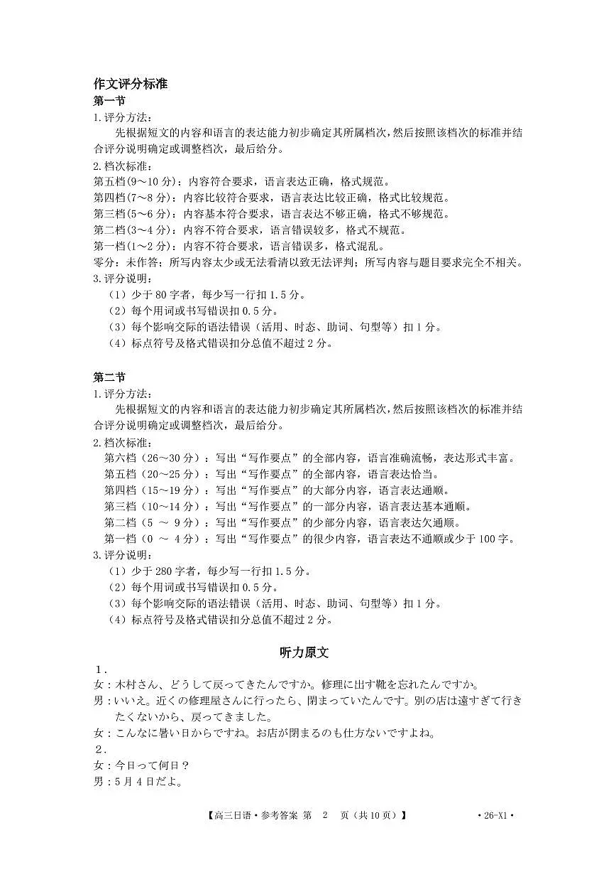 山西省部分学校2026届高三8月开学联考 日语答案第2页