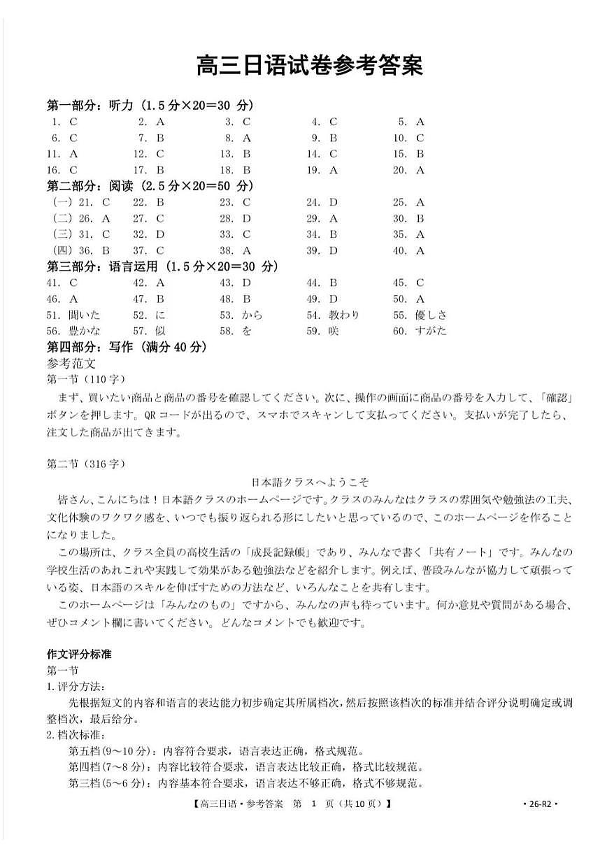 百分智2026届高三9月开学联考 日语答案第1页