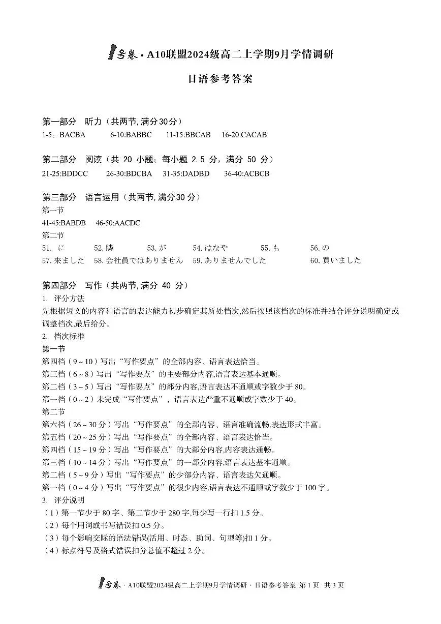 1号卷·A10联盟2024级高二上学期9月学情调研 日语答案第1页
