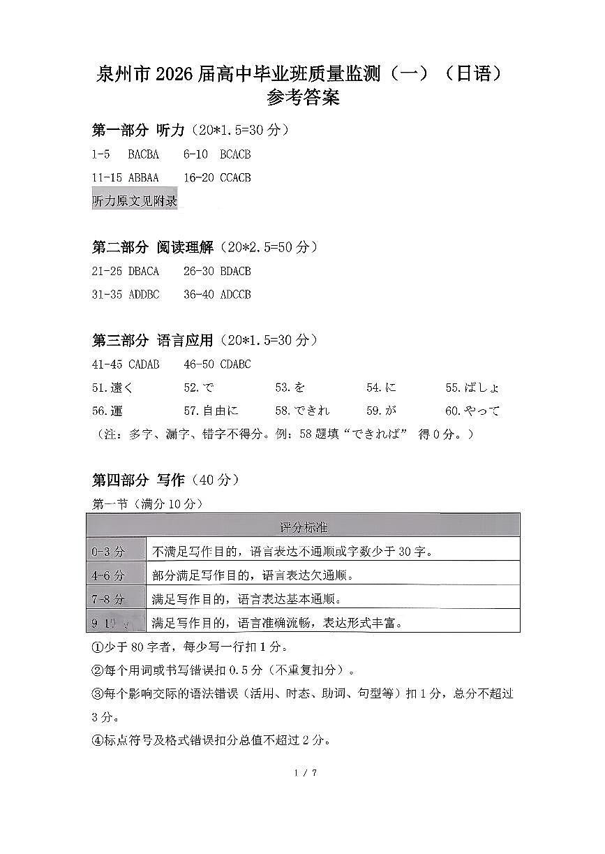 【日语答案】泉州市2026届高中毕业班质量监测(一)第1页