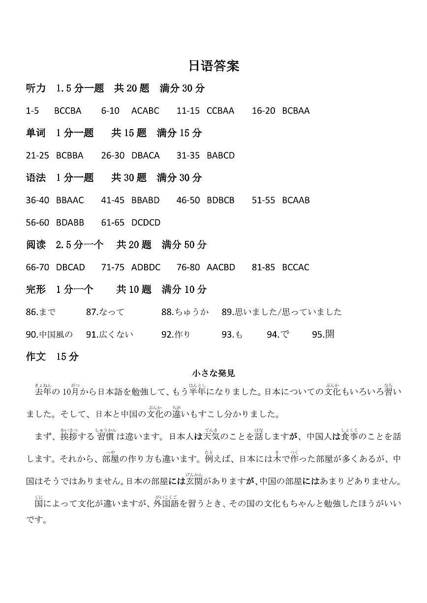 高一日语答案  2025年上学期高一年级5月质量检测-日语第1页