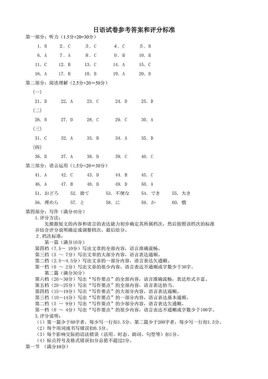 湖北省“新八校”协作体2025-2026学年度上学期高三10月月考日语答案第1页