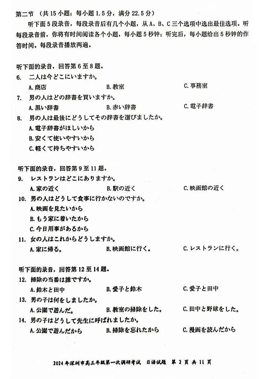 2024年2月深圳市高三一模日语试卷含答案第2页