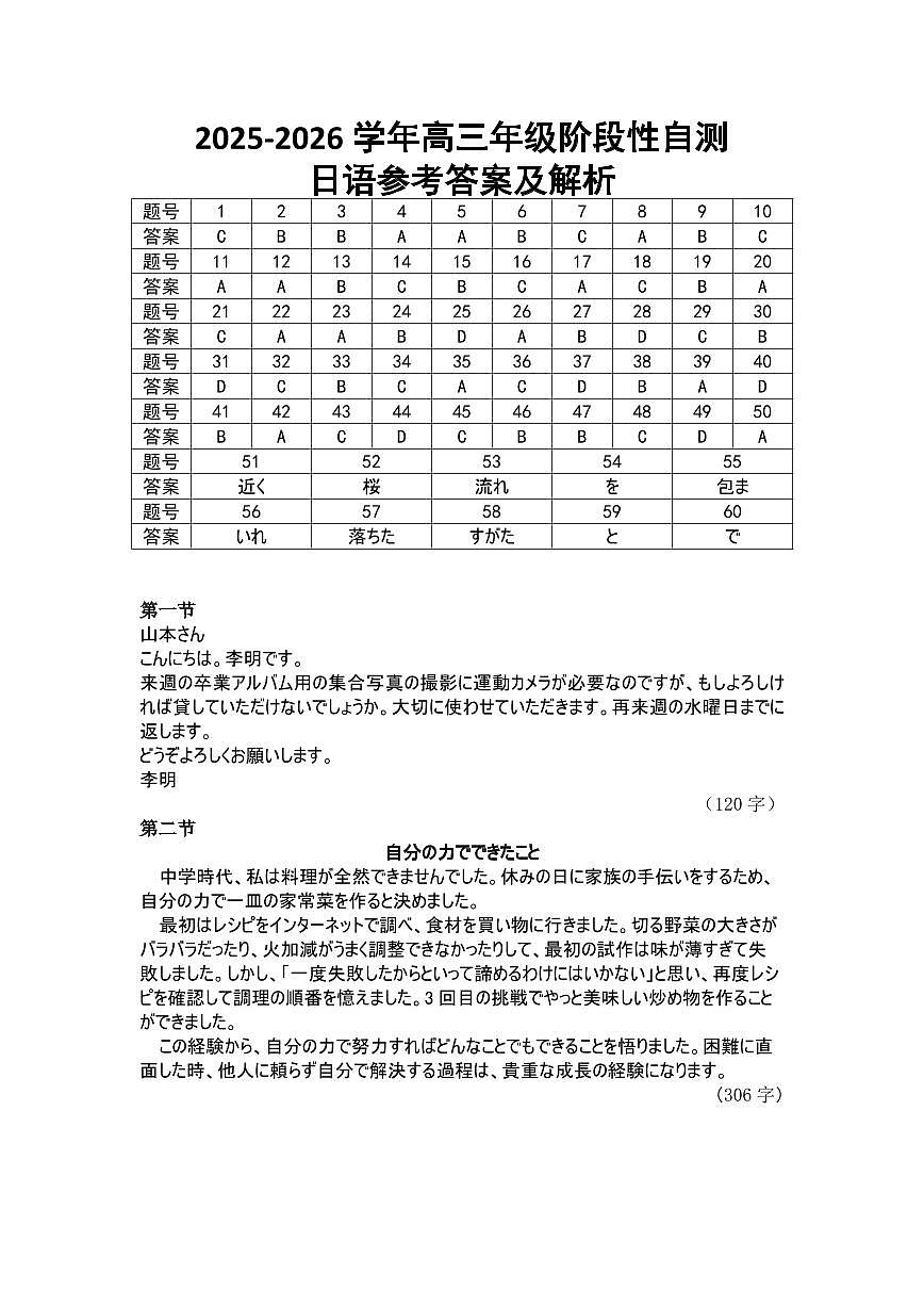 陕晋青宁2026届高三上学期12月阶段性自测日语答案第1页