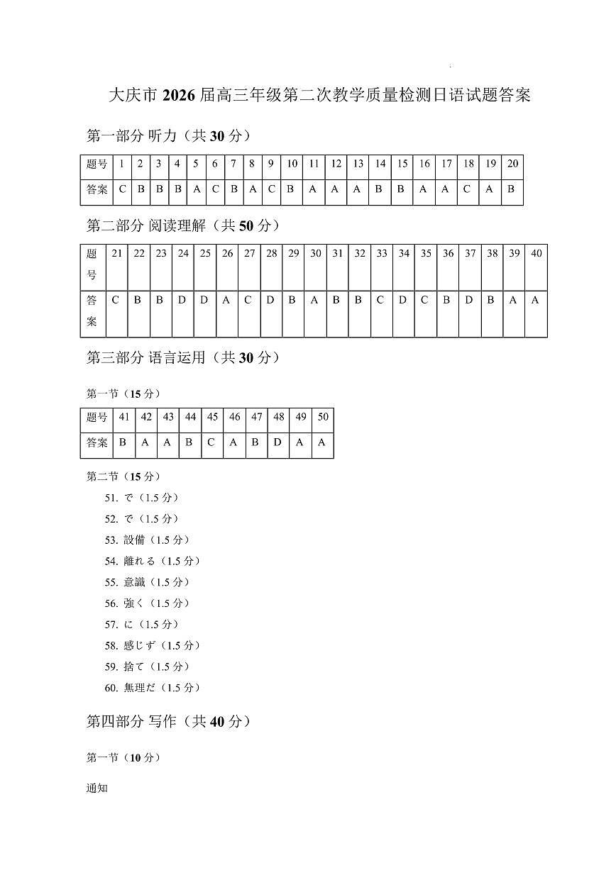大庆市2026届高三年级第二次教学质量检测日语答案第1页