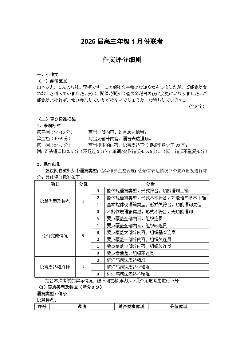 高三日语作为评分标准（2026届高三年级1月份适应性测试）第1页