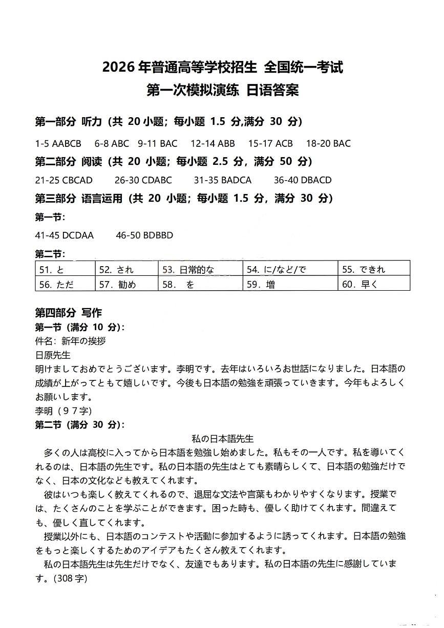 日语试题卷答案第1页