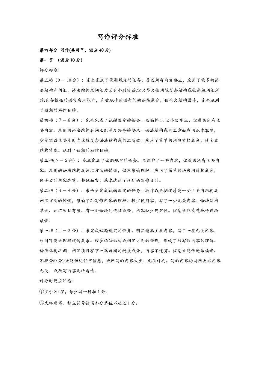 湖北省圆创名校联盟2025届高三第四次联合测评日语写作评分标准参考第1页