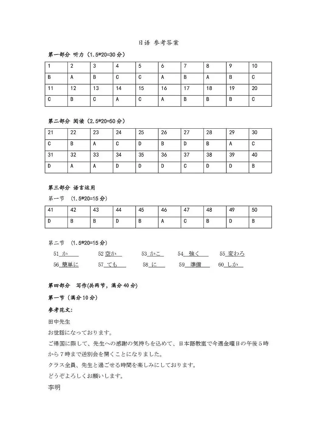 湖北省圆创联盟2026届高三上学期2月联考 日语答案第1页