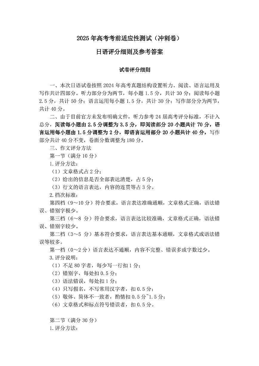 山西省思而行2025年高考考前适应性测试（冲刺卷）日语答案第1页