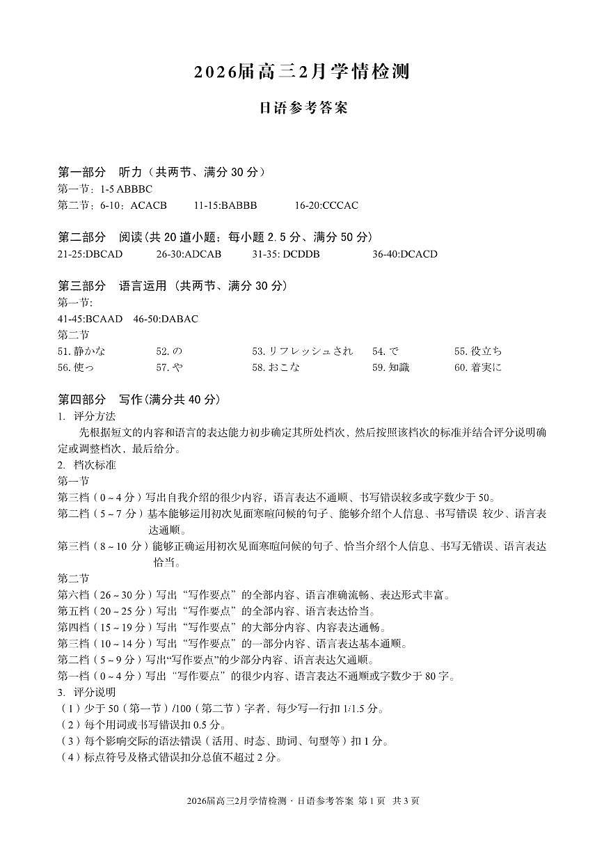 安徽省·A10联盟2026届高三下学期2月学情检测 日语答案第1页