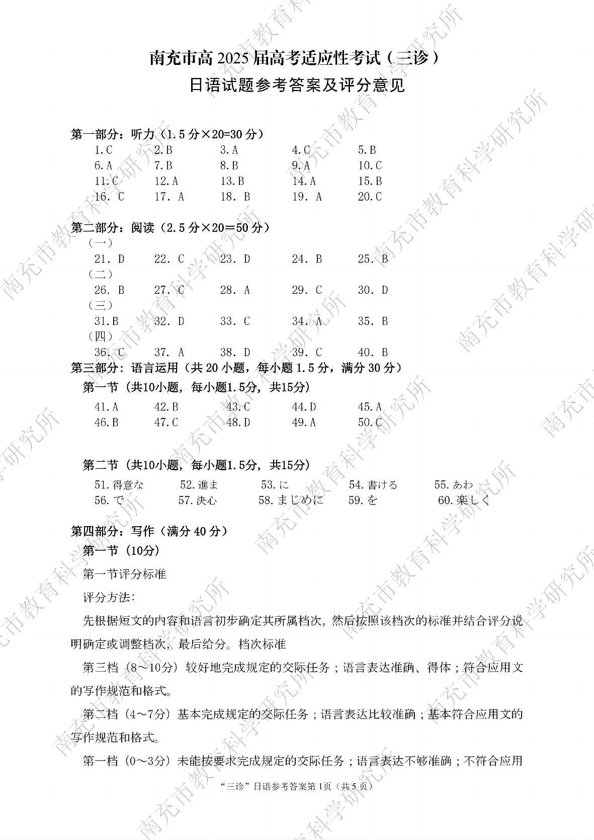 四川省南充市高2025届高考适应性考试（三诊）日语答案第1页