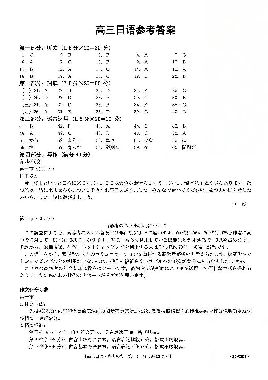 2026届 武汉市高三（下）三月调研日语答案第1页